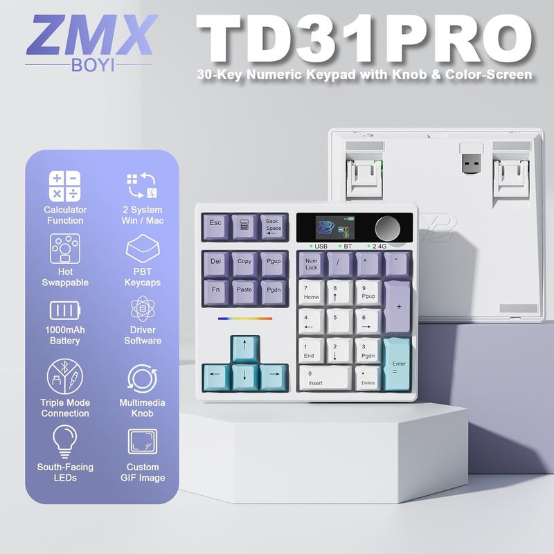 zMAX X BOYI TD31Pro Mechanical Number Pad,30 Keys Hot Swap Wireless BT5.0/2.4GHz/Type-C Wired Numeric Keypad Programmable RGB Gaming Numpad Keyboard with Knob Screen for Laptop/Mac (White-Purple) - Image 2